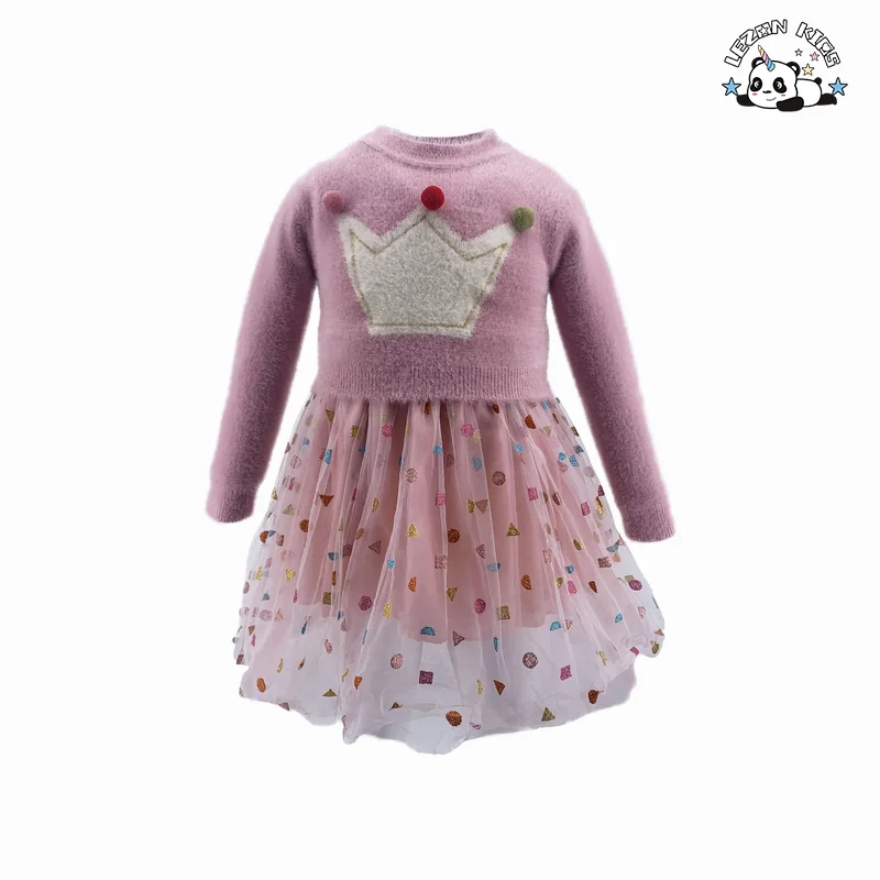 LEZONKIDS - Pink mesh pompom spring and autumn long sleeve dress